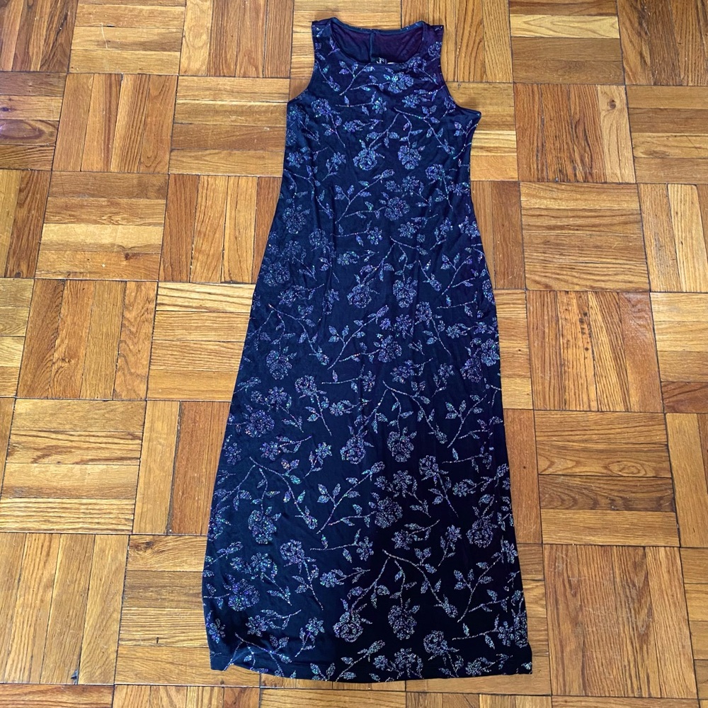 Vintage All That Jazz Black Slinky Maxi Dress with Glitter Flowers